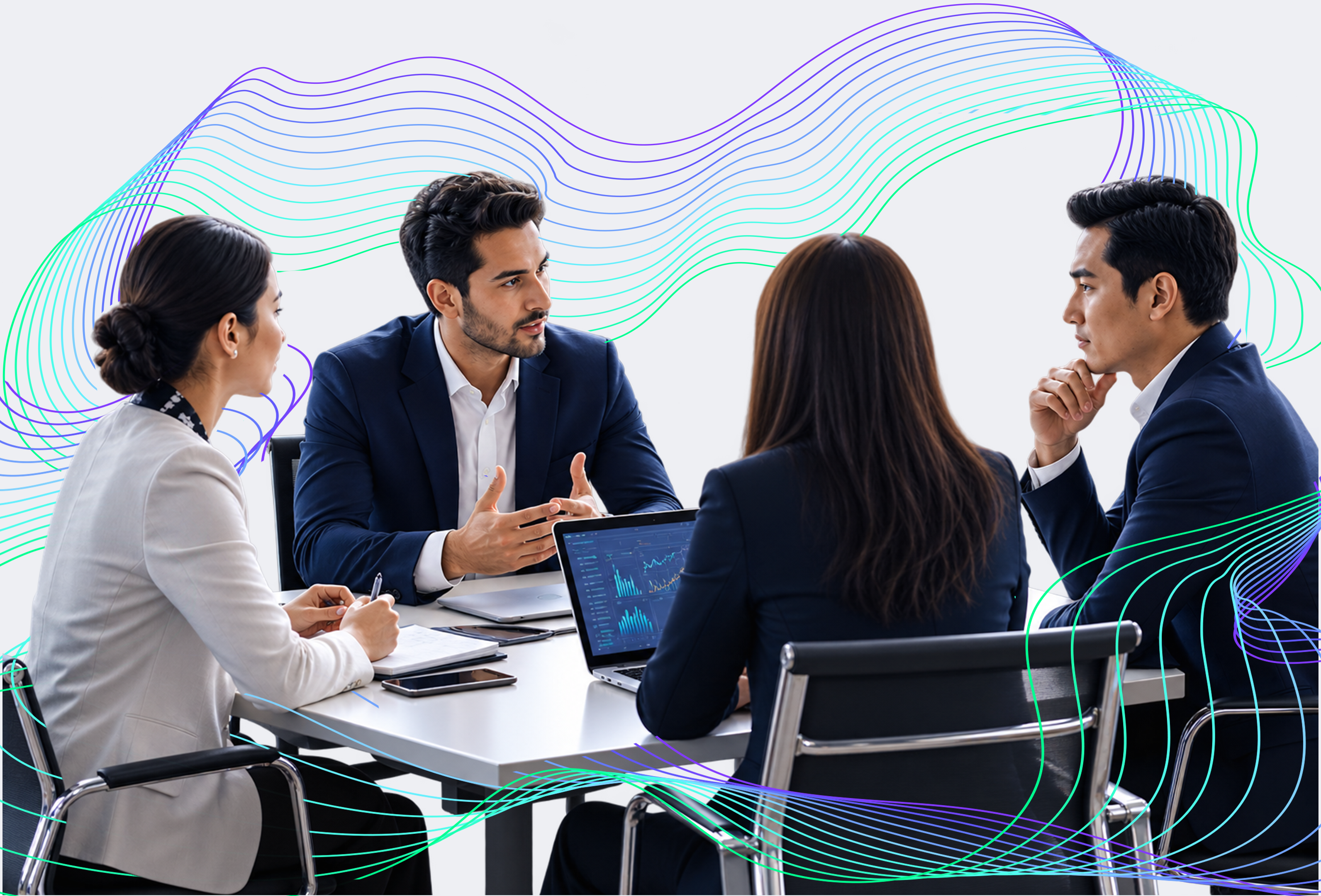 Equipo de especialistas colaborando con interfaces holográficas para impulsar la ejecución de iniciativas tecnológicas críticas mediante asignación de talento TI, desarrollo de software empresarial y soluciones de Data, Analytics e Inteligencia Artificial como socio tecnológico para empresas.